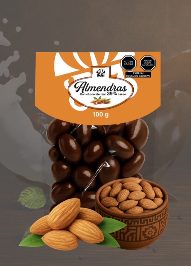 Almendras tostadas bañadas con chocolate leche al 39% cacao.